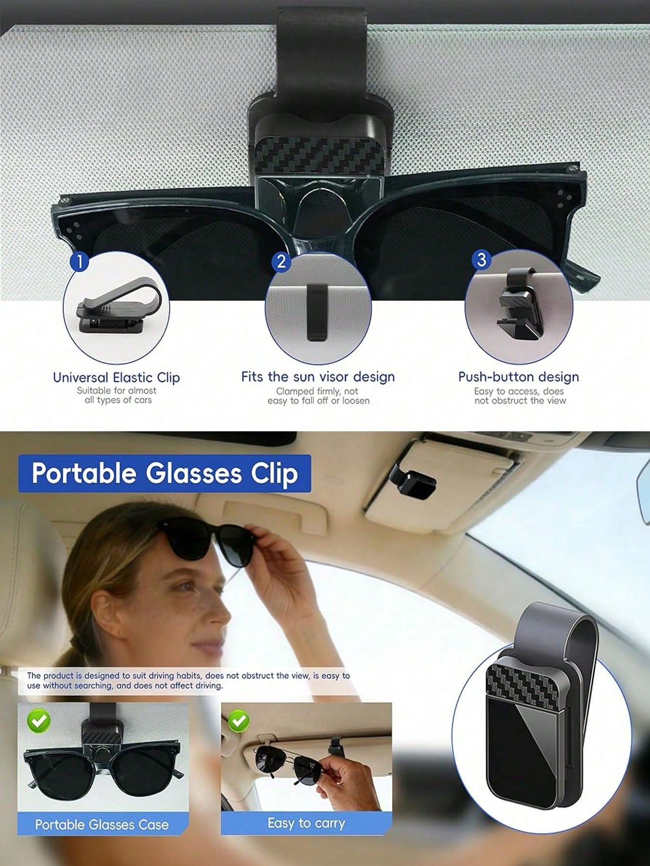Universal Car Fashion Glasses Holder With Soft Foam Lining- Anti-Scratch Sun Visor Clip, One-Hand Release- Car, Truck And SUV Glasses Storage Organizer- Black Car Interior Accessory