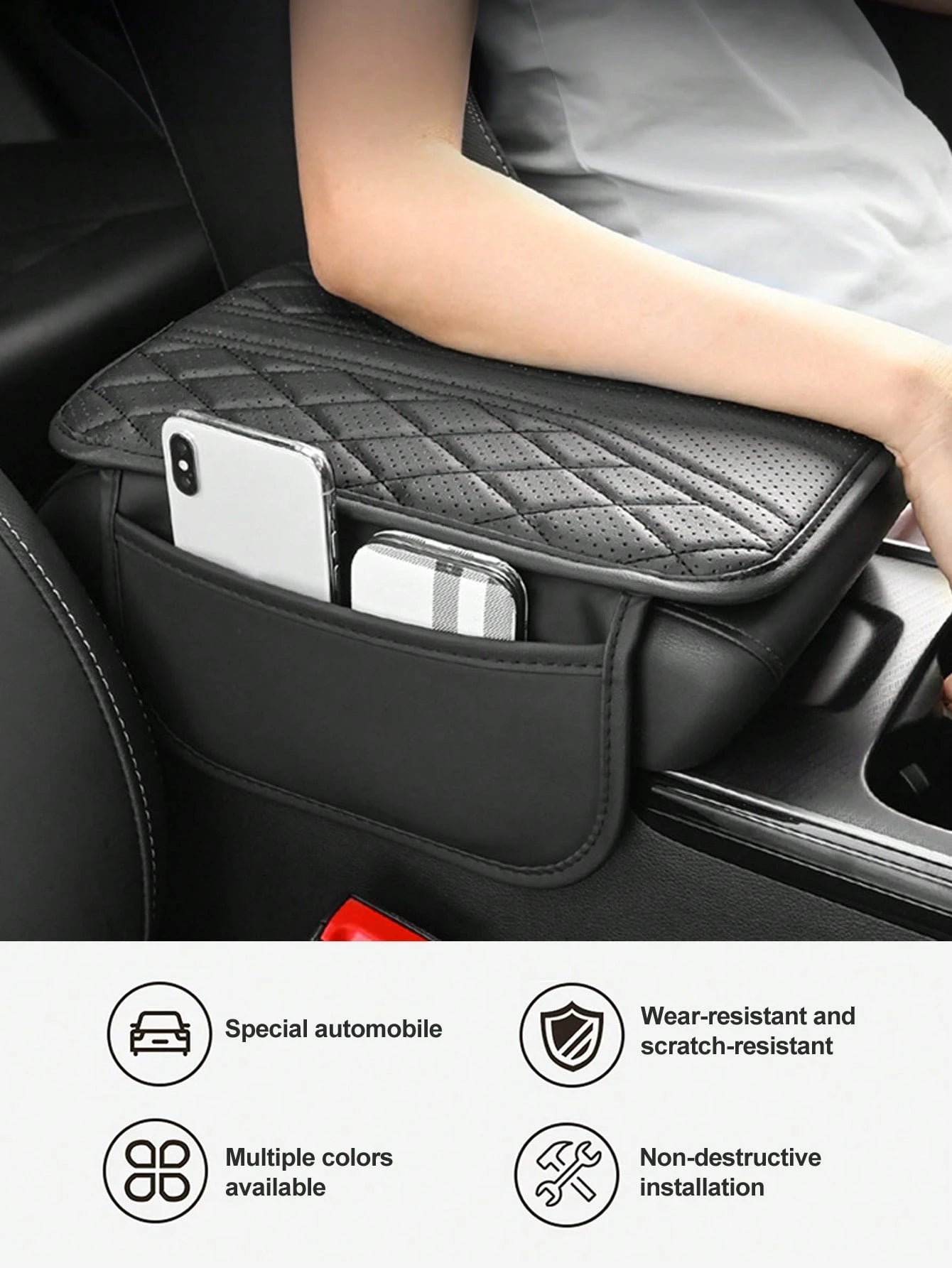 [Upgraded] Car Center Console Cover-Universal Car Interior Accessories With 2 Storage Bags- Premium Nappa Leather Armrest Cover, Scratch & Wear Resistant, Waterproof Car Interior Accessories, Univers