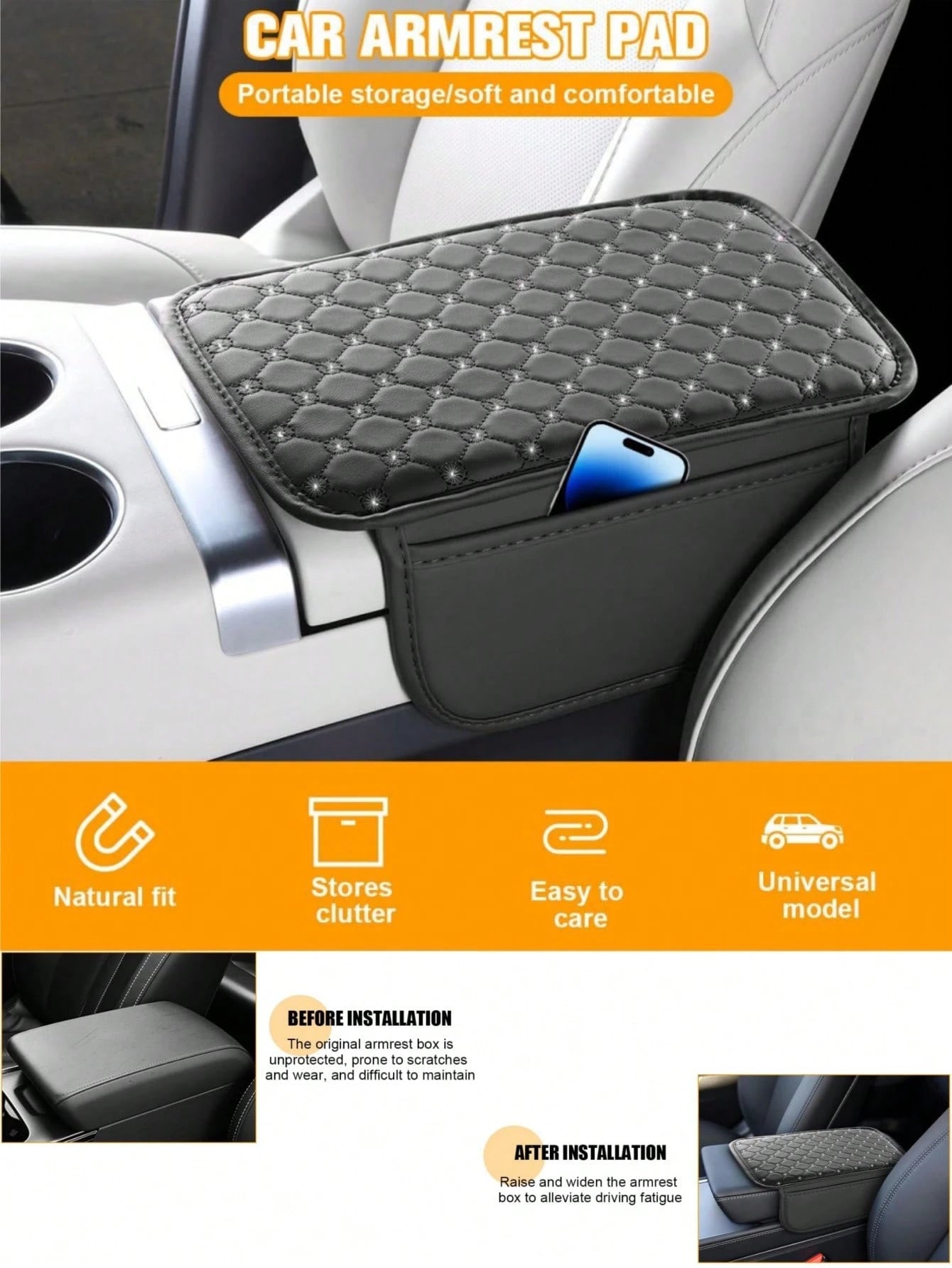 [Upgraded Version] Car Center Console Cover- Universal Car Interior Accessory With 2 Storage Pockets- Premium Nappa Leather Armrest Cover, Scratch-Resistant, Wear-Resistant, Waterproof, Suitable For