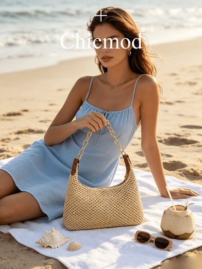 Vacation Style Beige Straw Woven Underarm Bag For Women, Metal Thick Chain Shoulder Bag, Beach Straw Bag Suitable For Shopping, Wallet, Young Women, College Students, Newcomers, Office Workers. Perfec