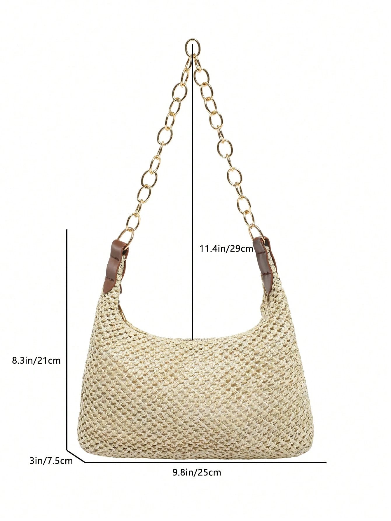 Vacation Style Beige Straw Woven Underarm Bag For Women, Metal Thick Chain Shoulder Bag, Beach Straw Bag Suitable For Shopping, Wallet, Young Women, College Students, Newcomers, Office Workers. Perfec