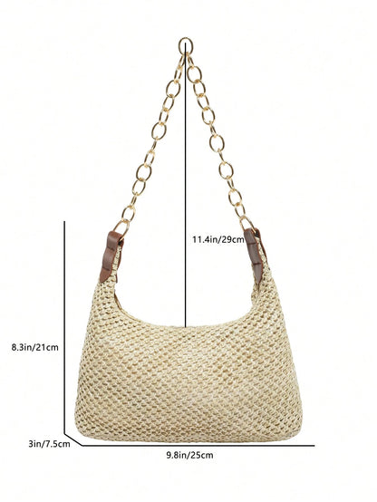 Vacation Style Beige Straw Woven Underarm Bag For Women, Metal Thick Chain Shoulder Bag, Beach Straw Bag Suitable For Shopping, Wallet, Young Women, College Students, Newcomers, Office Workers. Perfec
