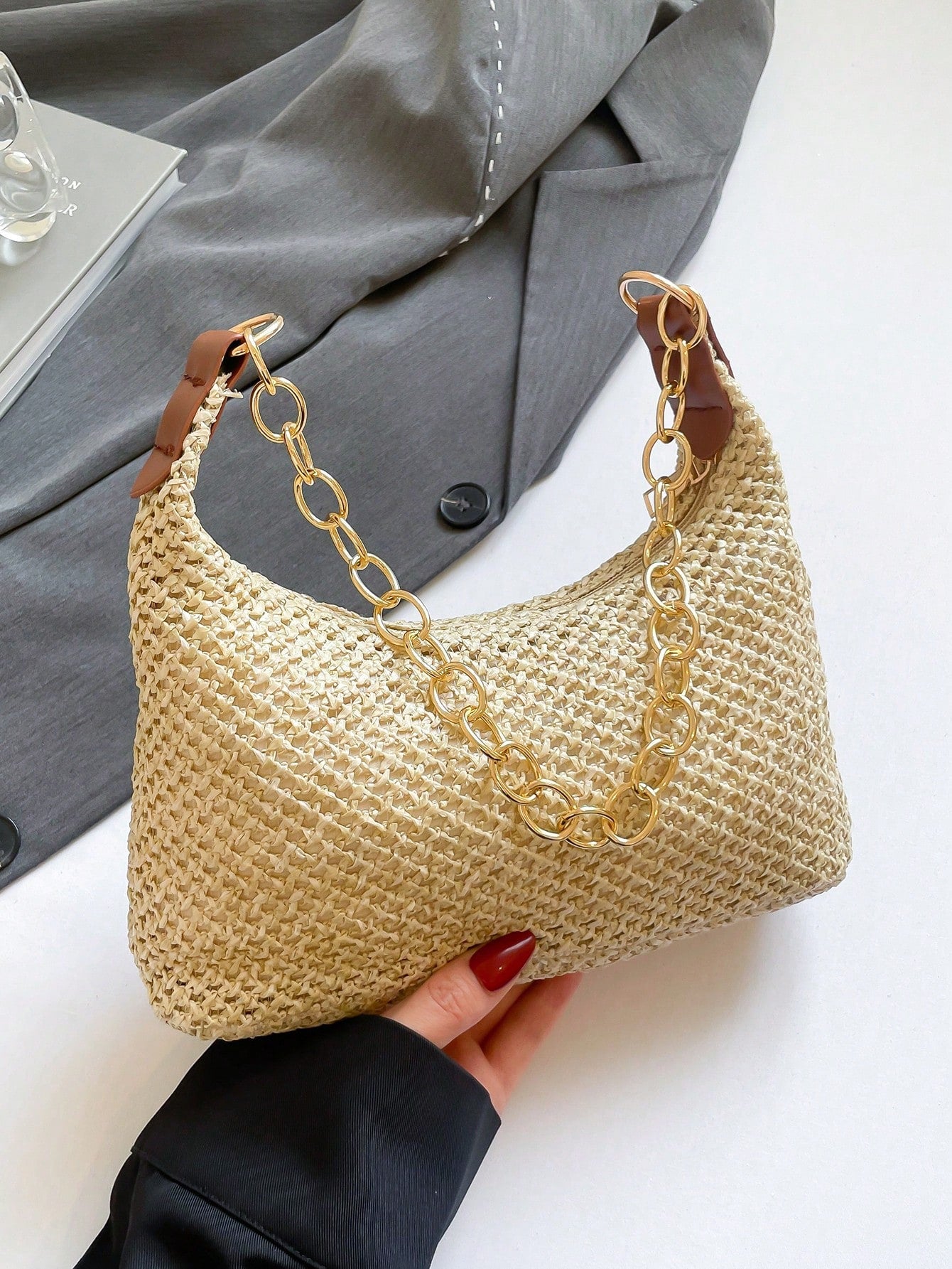 Vacation Style Beige Straw Woven Underarm Bag For Women, Metal Thick Chain Shoulder Bag, Beach Straw Bag Suitable For Shopping, Wallet, Young Women, College Students, Newcomers, Office Workers. Perfec