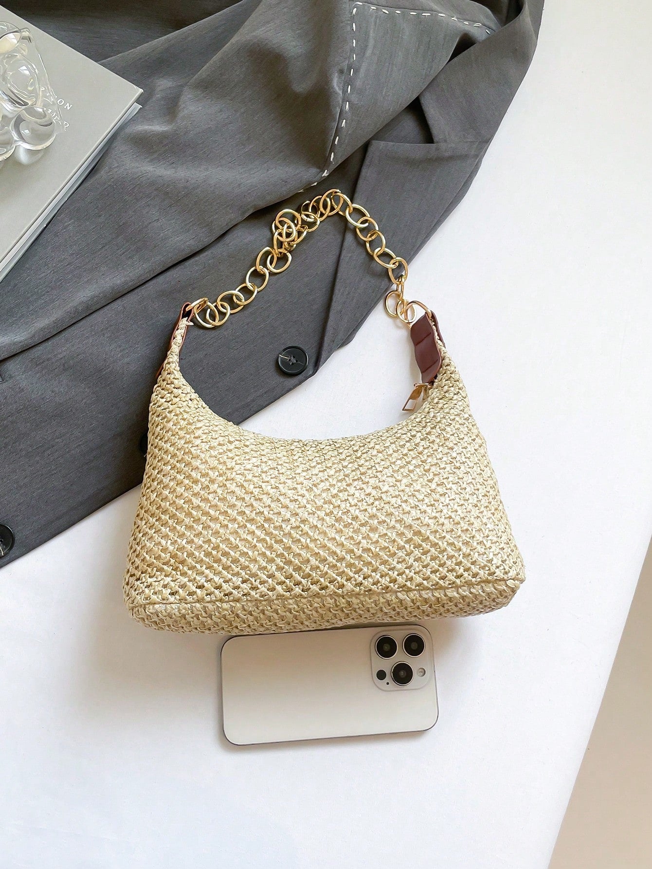 Vacation Style Beige Straw Woven Underarm Bag For Women, Metal Thick Chain Shoulder Bag, Beach Straw Bag Suitable For Shopping, Wallet, Young Women, College Students, Newcomers, Office Workers. Perfec