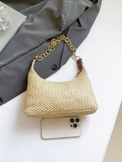 Vacation Style Beige Straw Woven Underarm Bag For Women, Metal Thick Chain Shoulder Bag, Beach Straw Bag Suitable For Shopping, Wallet, Young Women, College Students, Newcomers, Office Workers. Perfec