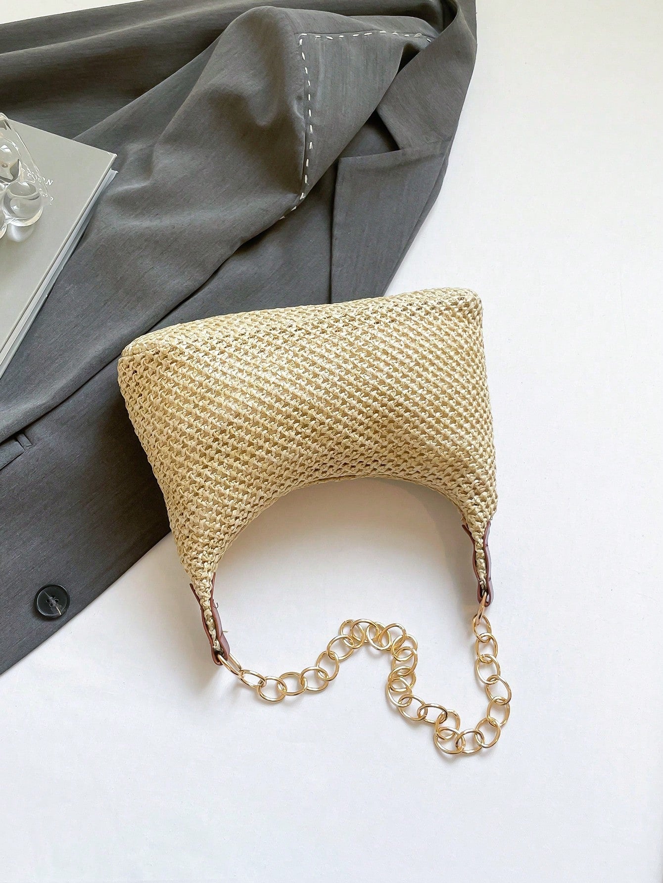 Vacation Style Beige Straw Woven Underarm Bag For Women, Metal Thick Chain Shoulder Bag, Beach Straw Bag Suitable For Shopping, Wallet, Young Women, College Students, Newcomers, Office Workers. Perfec