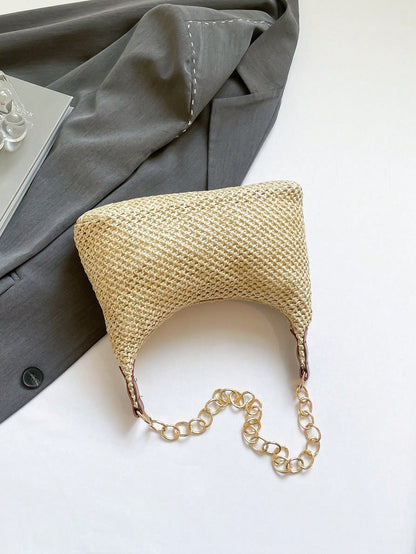Vacation Style Beige Straw Woven Underarm Bag For Women, Metal Thick Chain Shoulder Bag, Beach Straw Bag Suitable For Shopping, Wallet, Young Women, College Students, Newcomers, Office Workers. Perfec