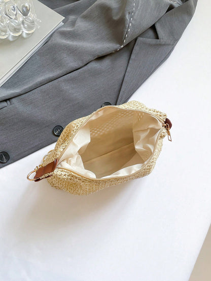 Vacation Style Beige Straw Woven Underarm Bag For Women, Metal Thick Chain Shoulder Bag, Beach Straw Bag Suitable For Shopping, Wallet, Young Women, College Students, Newcomers, Office Workers. Perfec