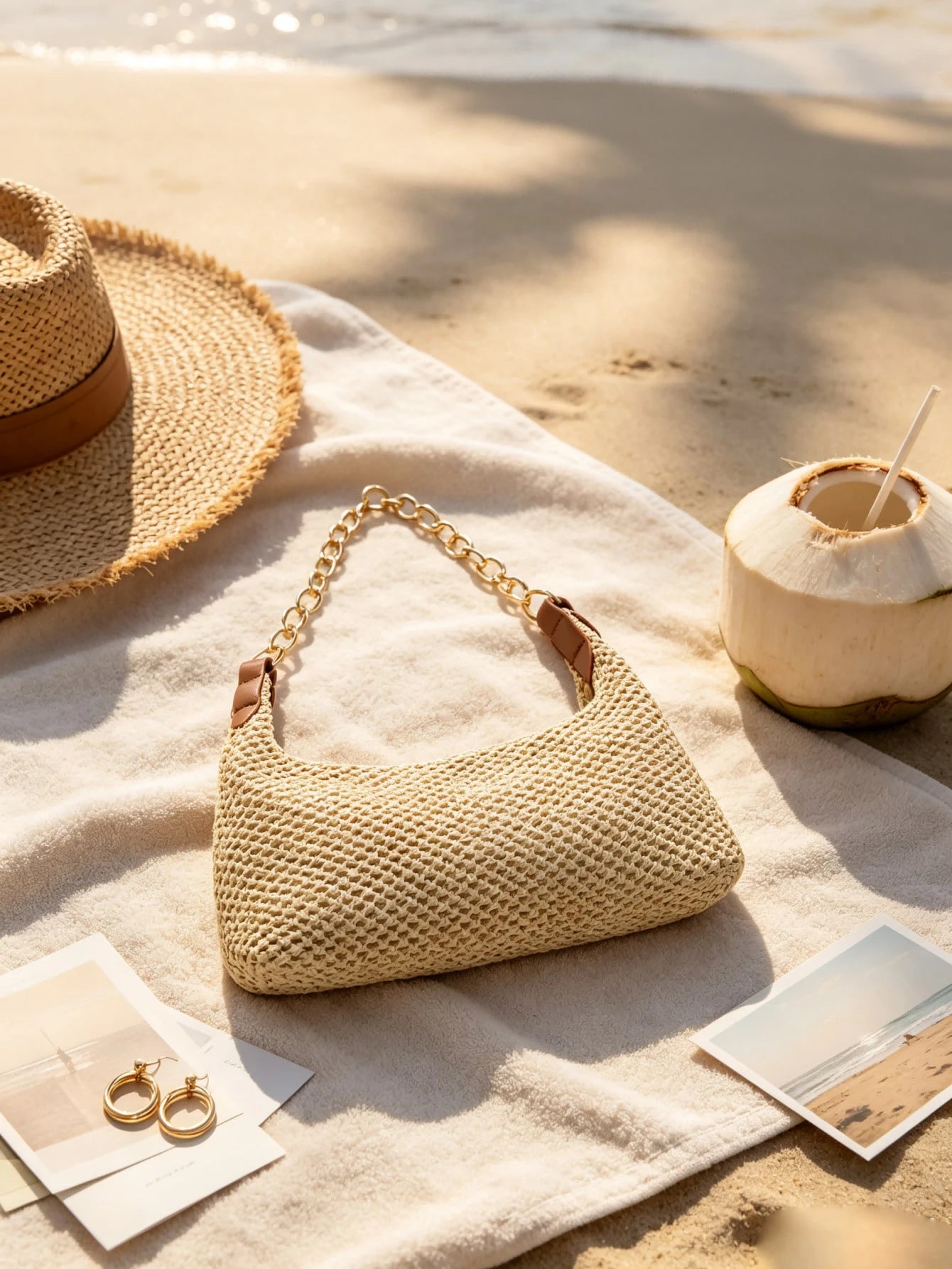 Vacation Style Beige Straw Woven Underarm Bag For Women, Metal Thick Chain Shoulder Bag, Beach Straw Bag Suitable For Shopping, Wallet, Young Women, College Students, Newcomers, Office Workers. Perfec
