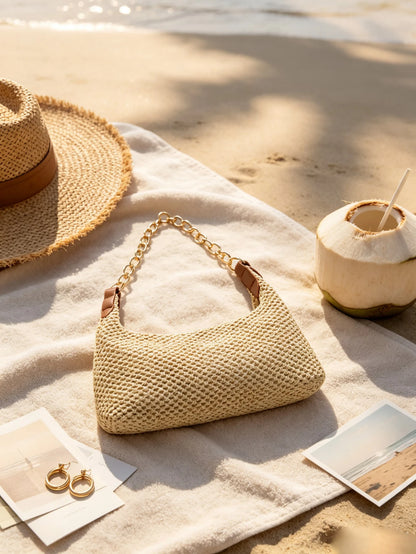 Vacation Style Beige Straw Woven Underarm Bag For Women, Metal Thick Chain Shoulder Bag, Beach Straw Bag Suitable For Shopping, Wallet, Young Women, College Students, Newcomers, Office Workers. Perfec