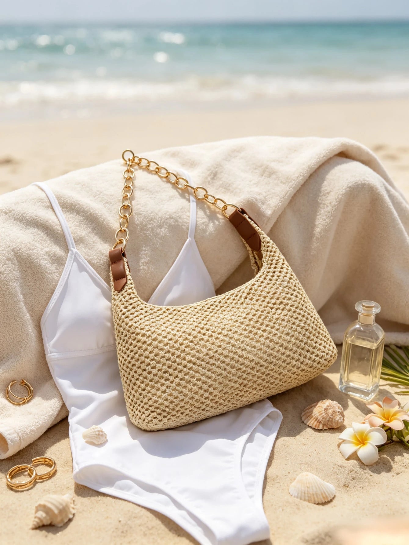 Vacation Style Beige Straw Woven Underarm Bag For Women, Metal Thick Chain Shoulder Bag, Beach Straw Bag Suitable For Shopping, Wallet, Young Women, College Students, Newcomers, Office Workers. Perfec