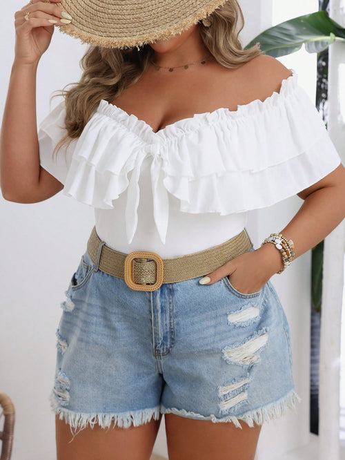 VCAY Plus Size Women's Summer Slim Fit Off Shoulder T-Shirt With Frill Trim