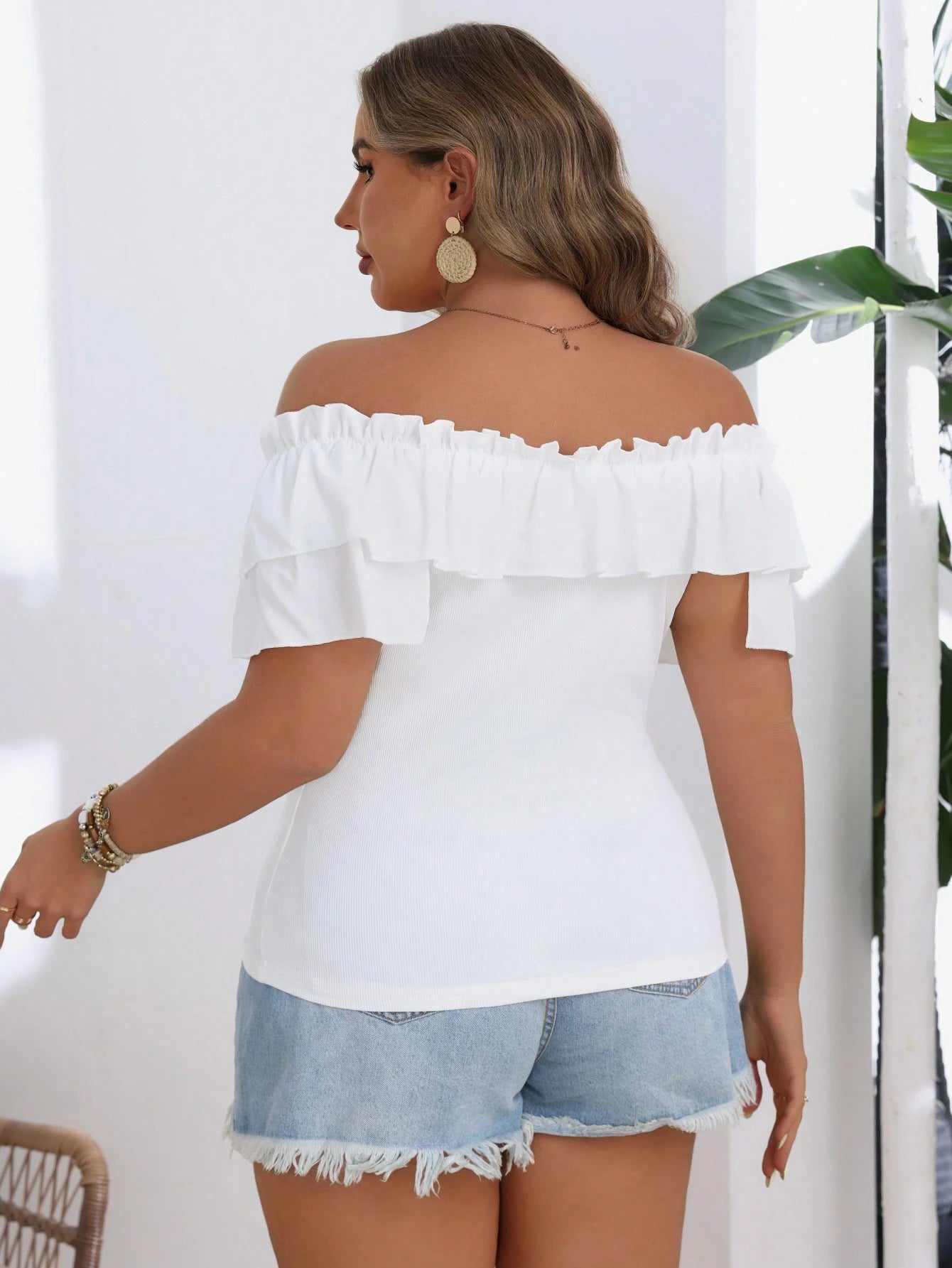 VCAY Plus Size Women's Summer Slim Fit Off Shoulder T-Shirt With Frill Trim