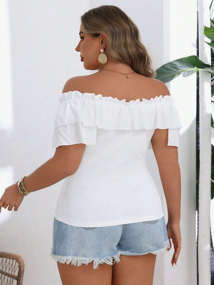 VCAY Plus Size Women's Summer Slim Fit Off Shoulder T-Shirt With Frill Trim