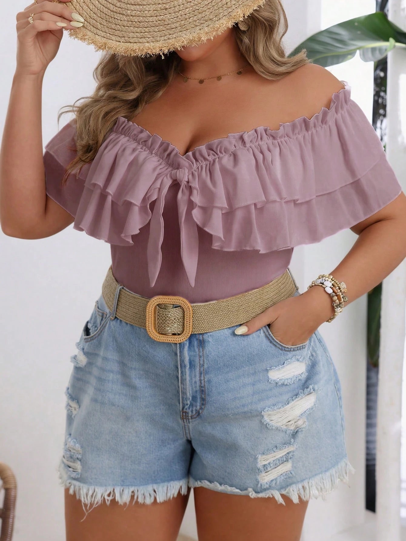 VCAY Plus Size Women's Summer Slim Fit Off Shoulder T-Shirt With Frill Trim