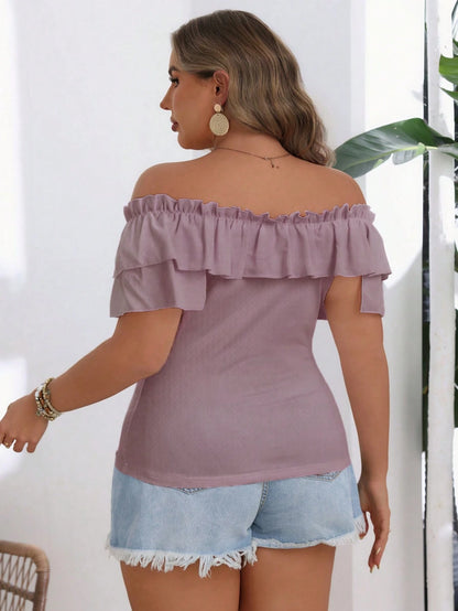 VCAY Plus Size Women's Summer Slim Fit Off Shoulder T-Shirt With Frill Trim