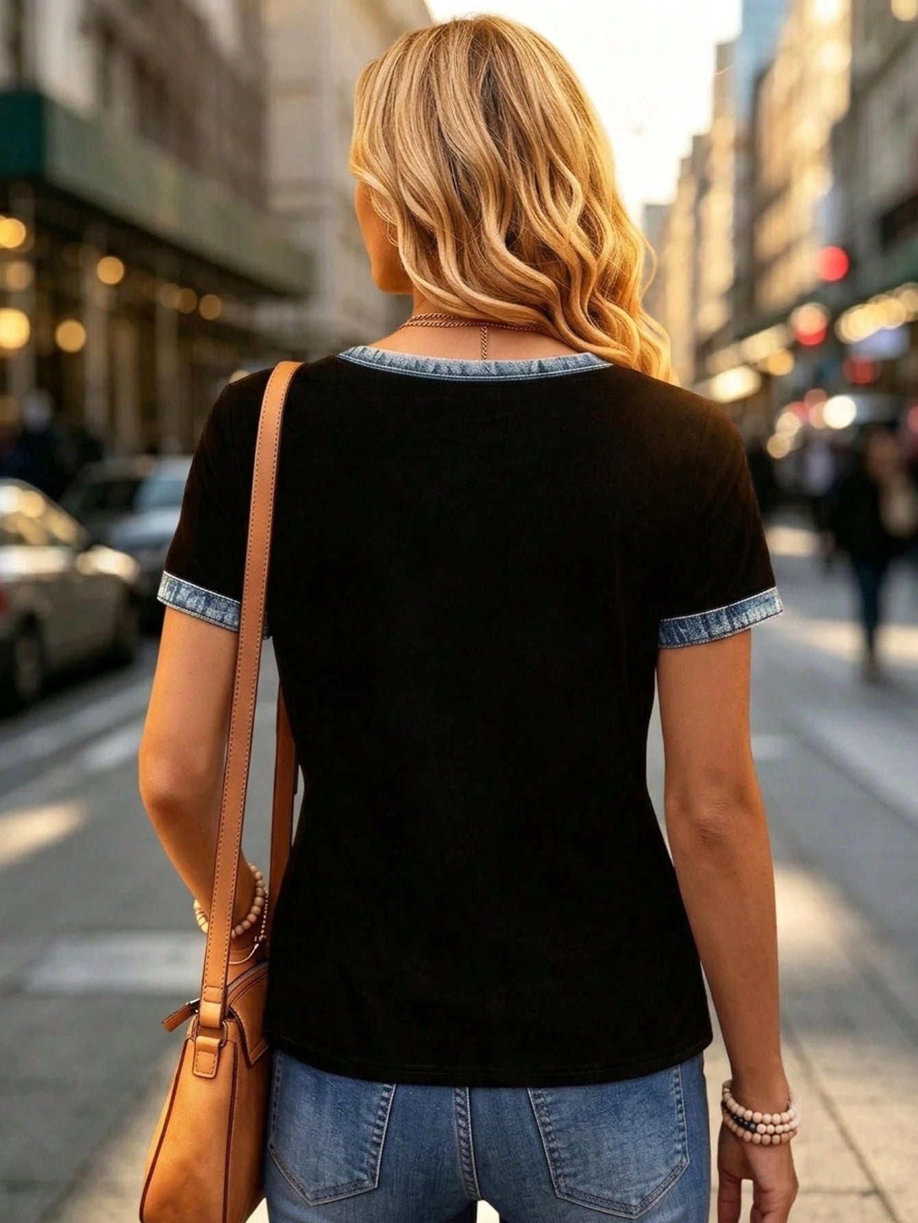 Velvienne Plus Size Fashion Design Denim Effect Patchwork V-Neck Casual T-Shirt, Holiday Outing, Commute Workwear Top