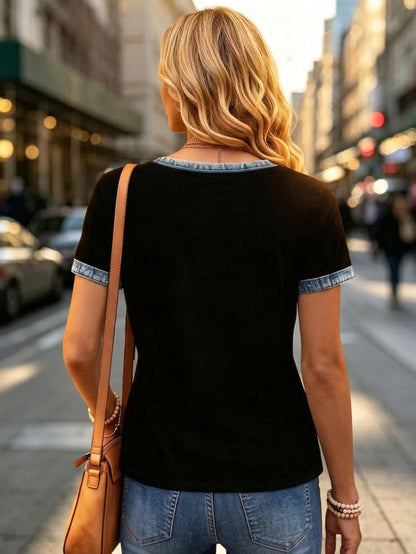 Velvienne Plus Size Fashion Design Denim Effect Patchwork V-Neck Casual T-Shirt, Holiday Outing, Commute Workwear Top