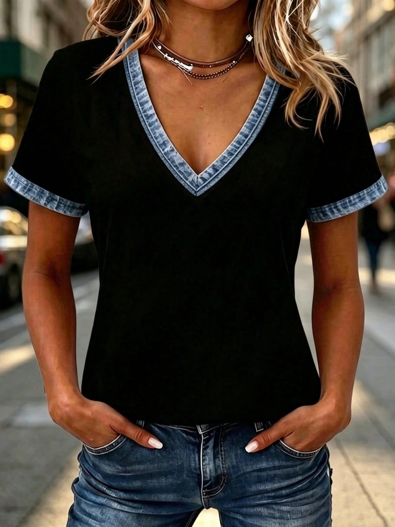 Velvienne Plus Size Fashion Design Denim Effect Patchwork V-Neck Casual T-Shirt, Holiday Outing, Commute Workwear Top