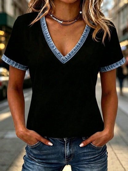 Velvienne Plus Size Fashion Design Denim Effect Patchwork V-Neck Casual T-Shirt, Holiday Outing, Commute Workwear Top