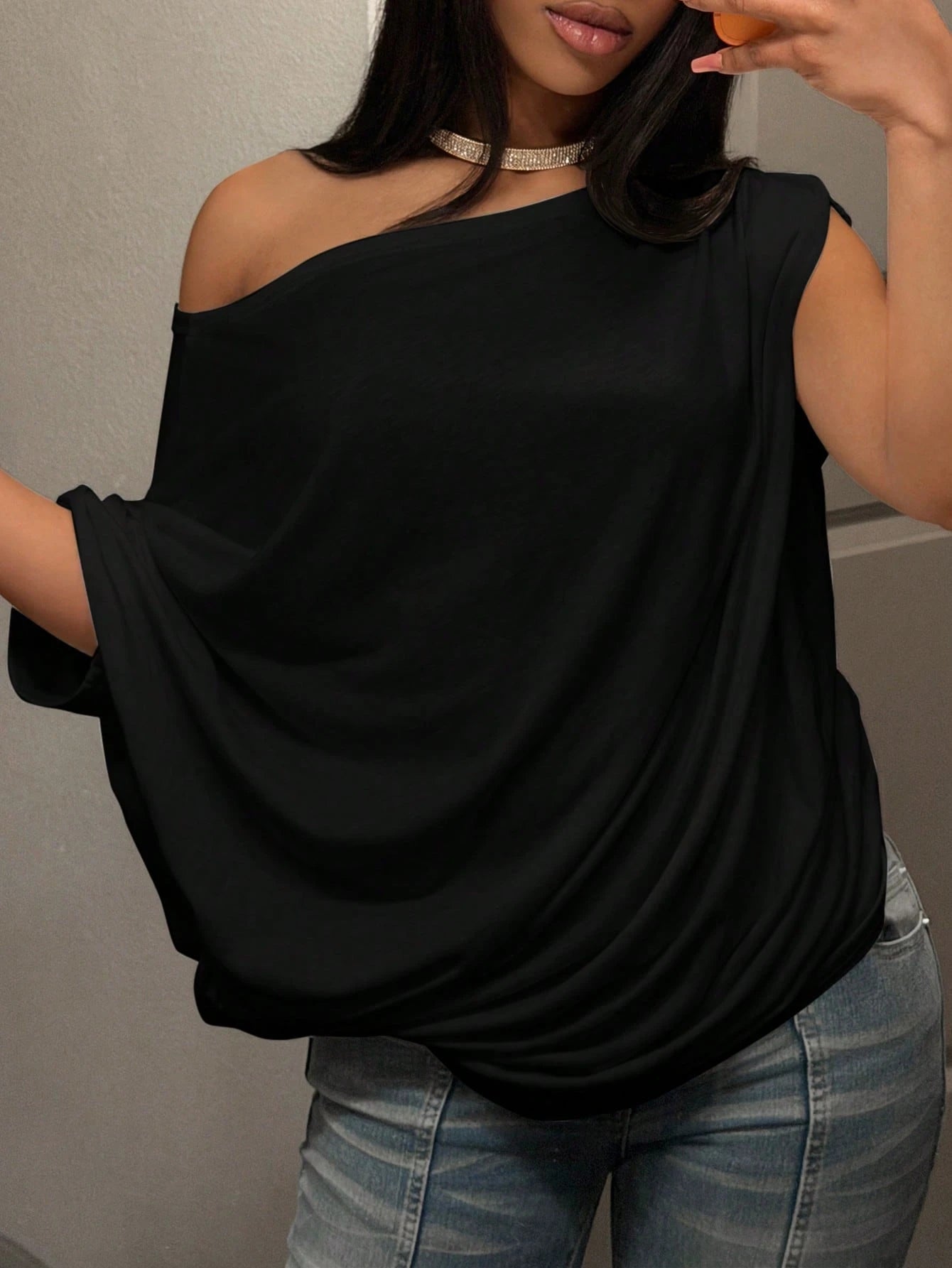 Veslaya Plus Size Women's Solid Color Asymmetric Neck Asymmetric Sleeve Loose Casual Sexy T-Shirt Party Date Night Rave Rave Date Night Rave Black Autumn Fall