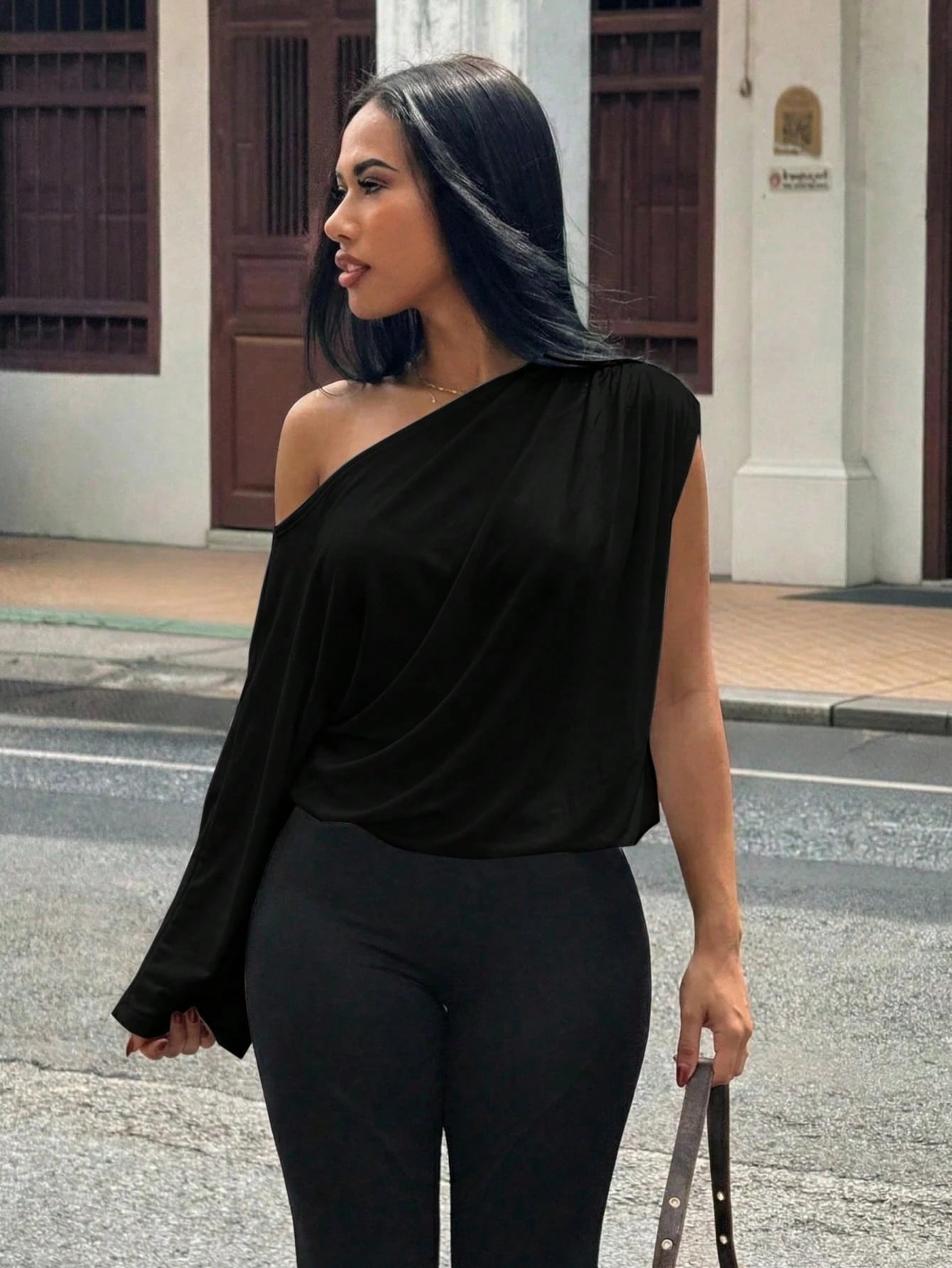 Veslaya Plus Size Women's Solid Color Asymmetric Neck Asymmetric Sleeve Loose Casual Sexy T-Shirt Party Date Night Rave Rave Date Night Rave Black Autumn Fall