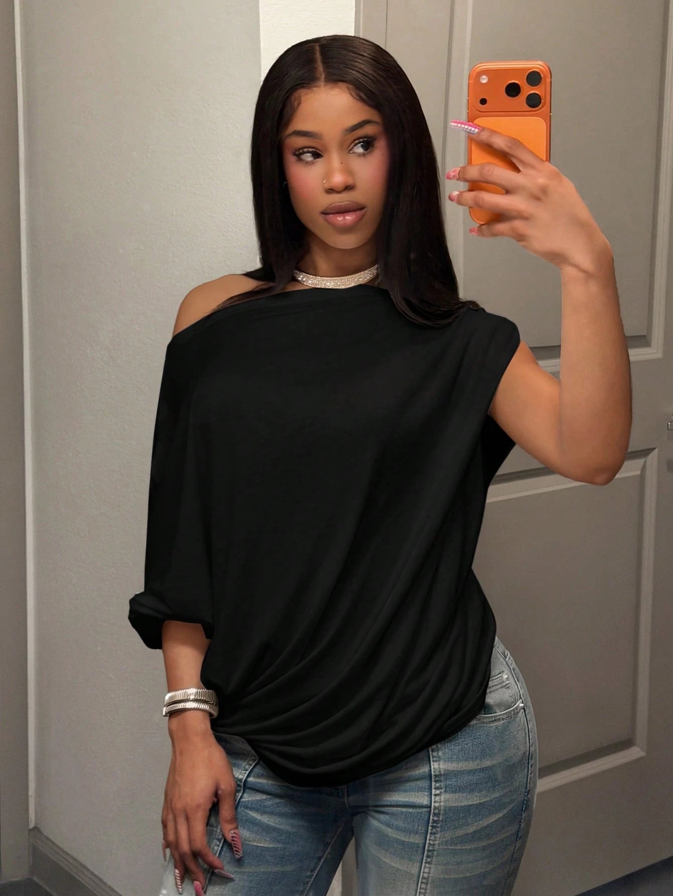 Veslaya Plus Size Women's Solid Color Asymmetric Neck Asymmetric Sleeve Loose Casual Sexy T-Shirt Party Date Night Rave Rave Date Night Rave Black Autumn Fall