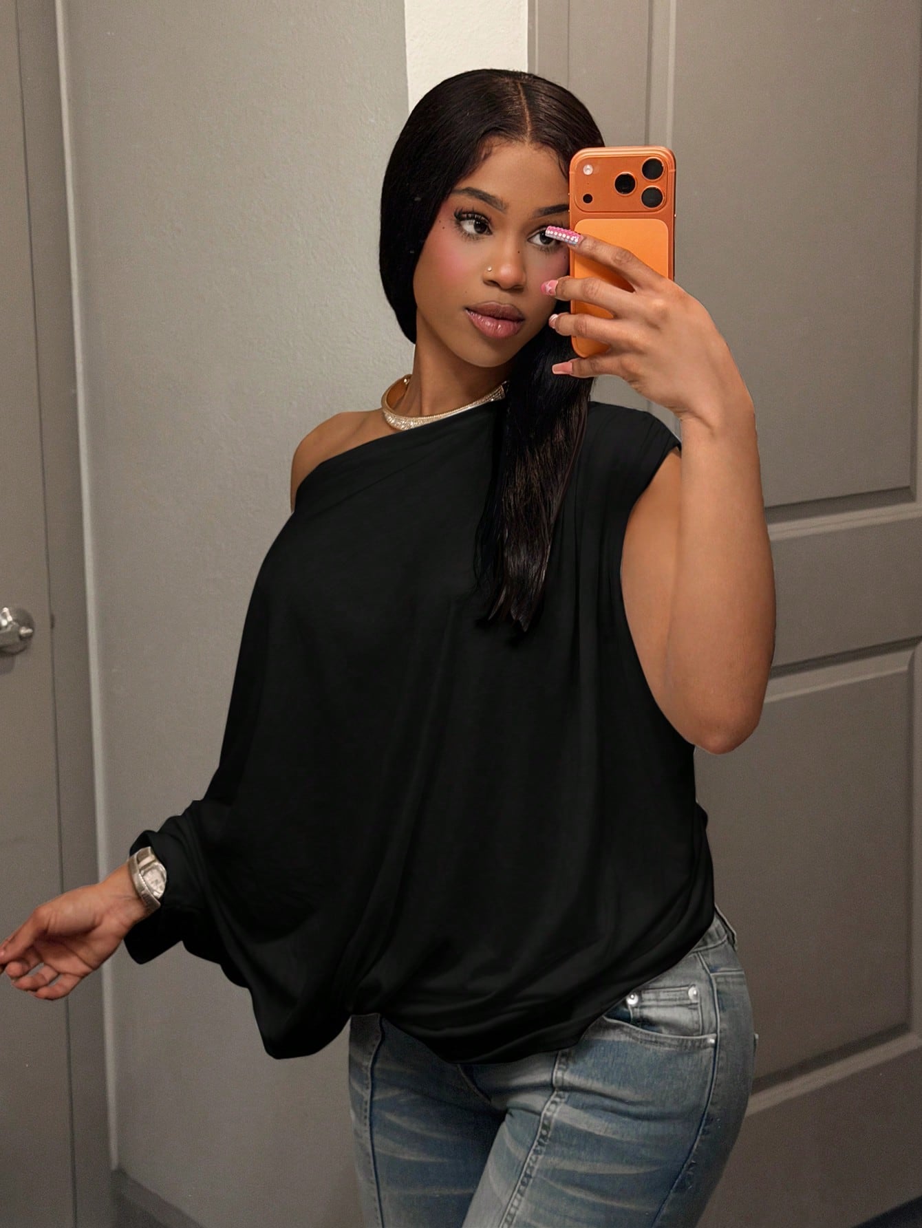 Veslaya Plus Size Women's Solid Color Asymmetric Neck Asymmetric Sleeve Loose Casual Sexy T-Shirt Party Date Night Rave Rave Date Night Rave Black Autumn Fall