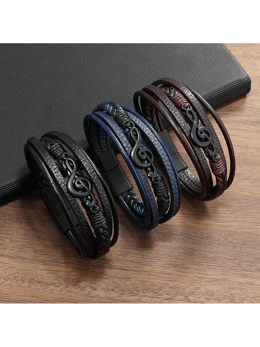 Vintage Creative Men's Music Note Symbol Simple Leather Multi Strand Magnetic Clasp Bracelet