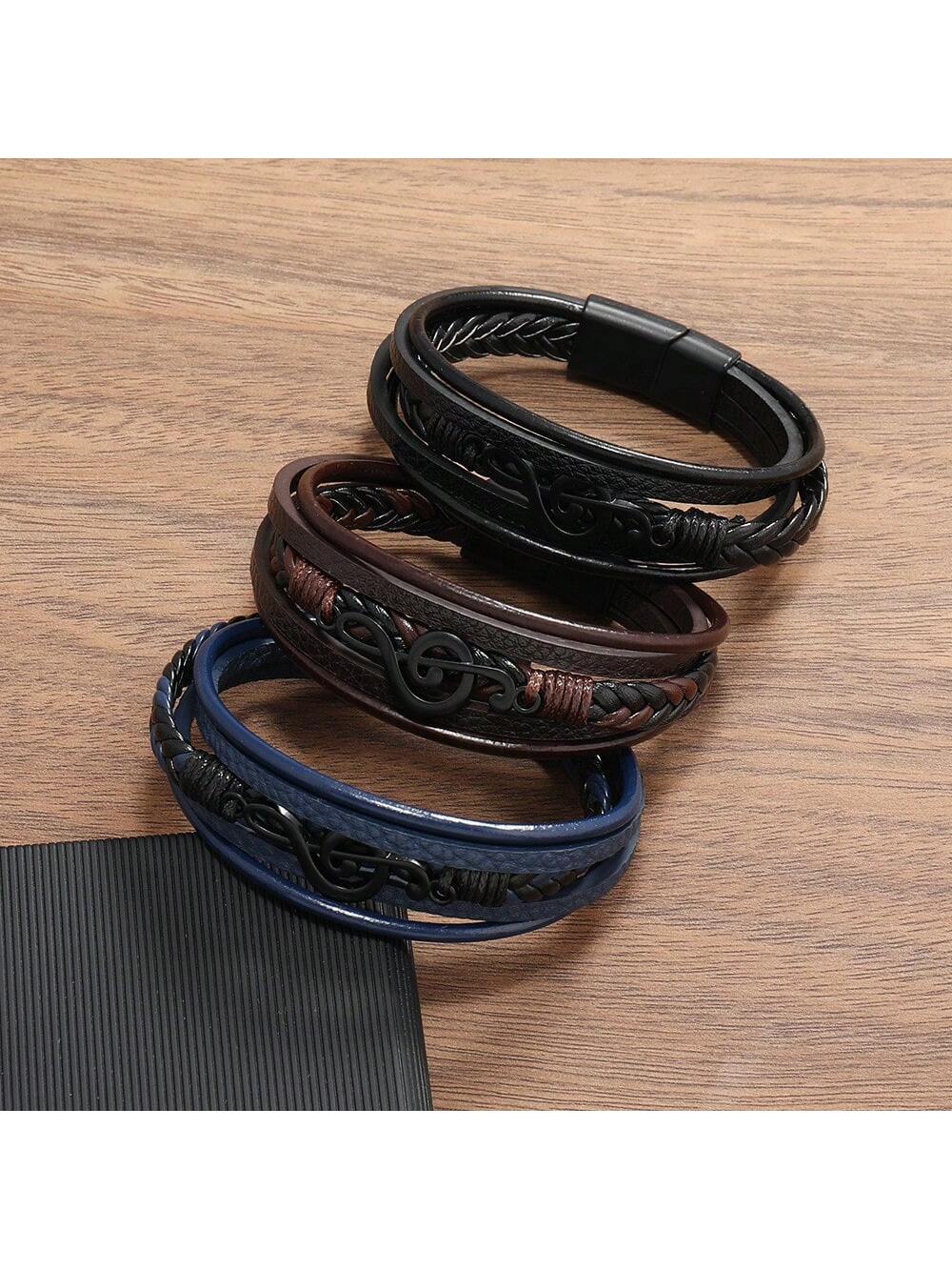 Vintage Creative Men's Music Note Symbol Simple Leather Multi Strand Magnetic Clasp Bracelet