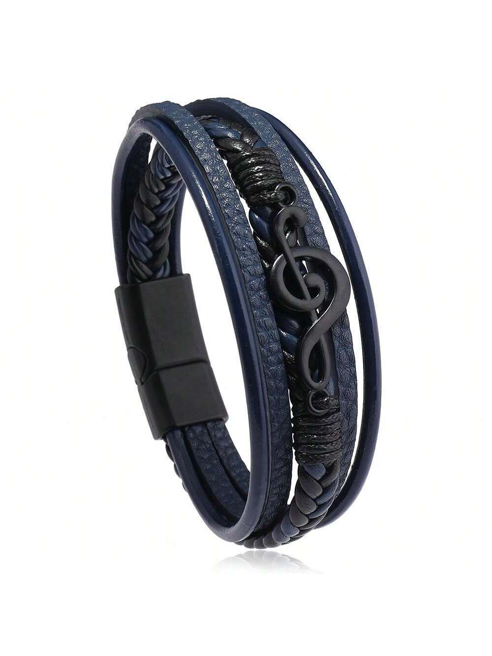 Vintage Creative Men's Music Note Symbol Simple Leather Multi Strand Magnetic Clasp Bracelet