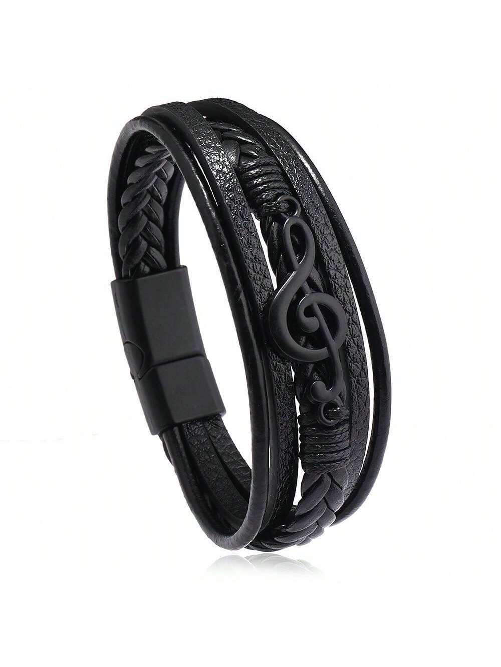 Vintage Creative Men's Music Note Symbol Simple Leather Multi Strand Magnetic Clasp Bracelet