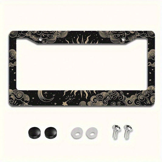 Vintage Sun And Moon Colorful License Plate Frame Cover- 6.3x 12.2inch(16x 31cm)- Easy To Install- Metal Finish- Artistic Design- Perfect For Accessories