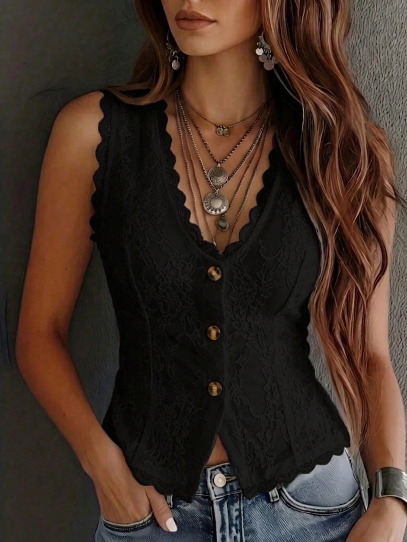 Vintage Western Style Black Lace V-Neck Top, Summer Front Button Sleeveless Top, Elegant Vacation/ Party Tank Top Casual, Aesthetic