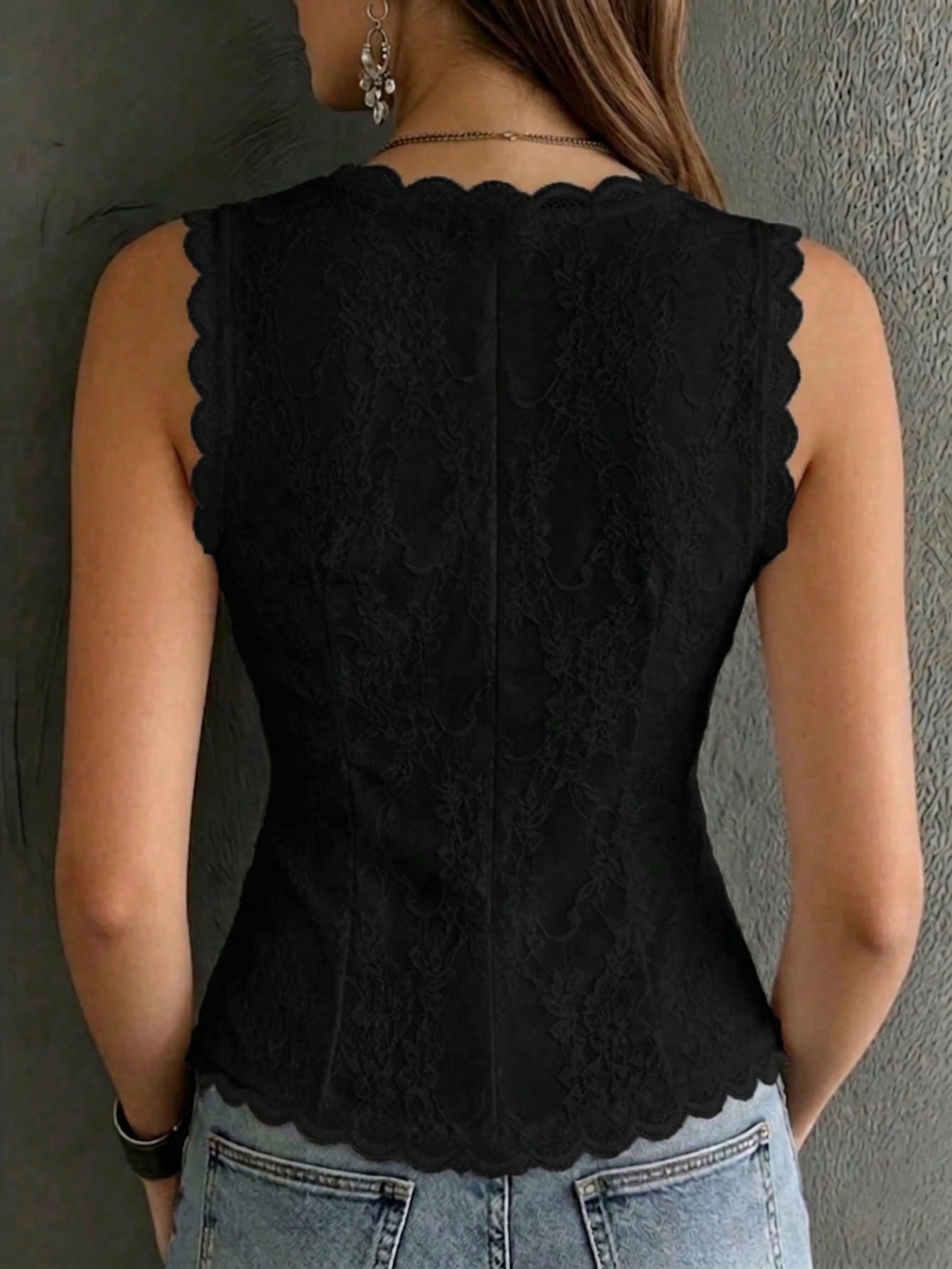 Vintage Western Style Black Lace V-Neck Top, Summer Front Button Sleeveless Top, Elegant Vacation/ Party Tank Top Casual, Aesthetic