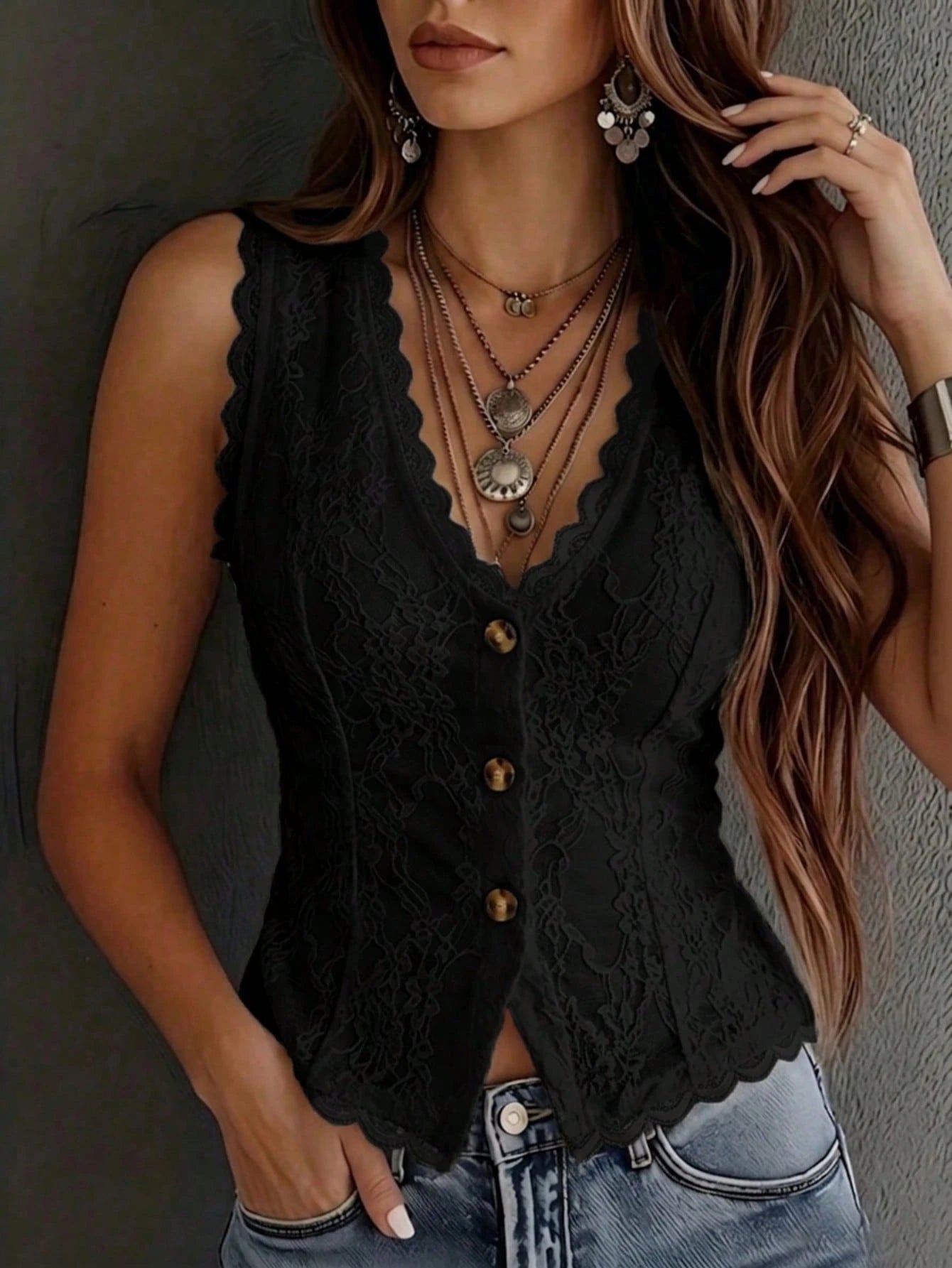 Vintage Western Style Black Lace V-Neck Top, Summer Front Button Sleeveless Top, Elegant Vacation/ Party Tank Top Casual, Aesthetic