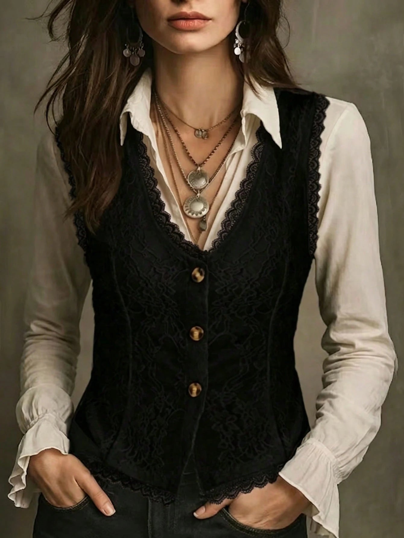 Vintage Western Style Black Lace V-Neck Top, Summer Front Button Sleeveless Top, Elegant Vacation/ Party Tank Top Casual, Aesthetic