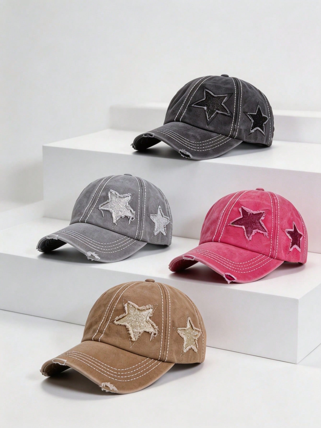 Vintage Women's Washed Distressed Five-Point Star Baseball Cap, Sun Protection Duck Bill Hat, Ponytail Hole Design For Easy Hair Styling, Bright Pink Star Patchwork Y2K Sweet Cool Girl Style. Soft Top