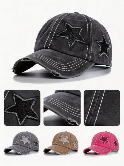 Vintage Women's Washed Distressed Five-Point Star Baseball Cap, Sun Protection Duck Bill Hat, Ponytail Hole Design For Easy Hair Styling, Bright Pink Star Patchwork Y2K Sweet Cool Girl Style. Soft Top