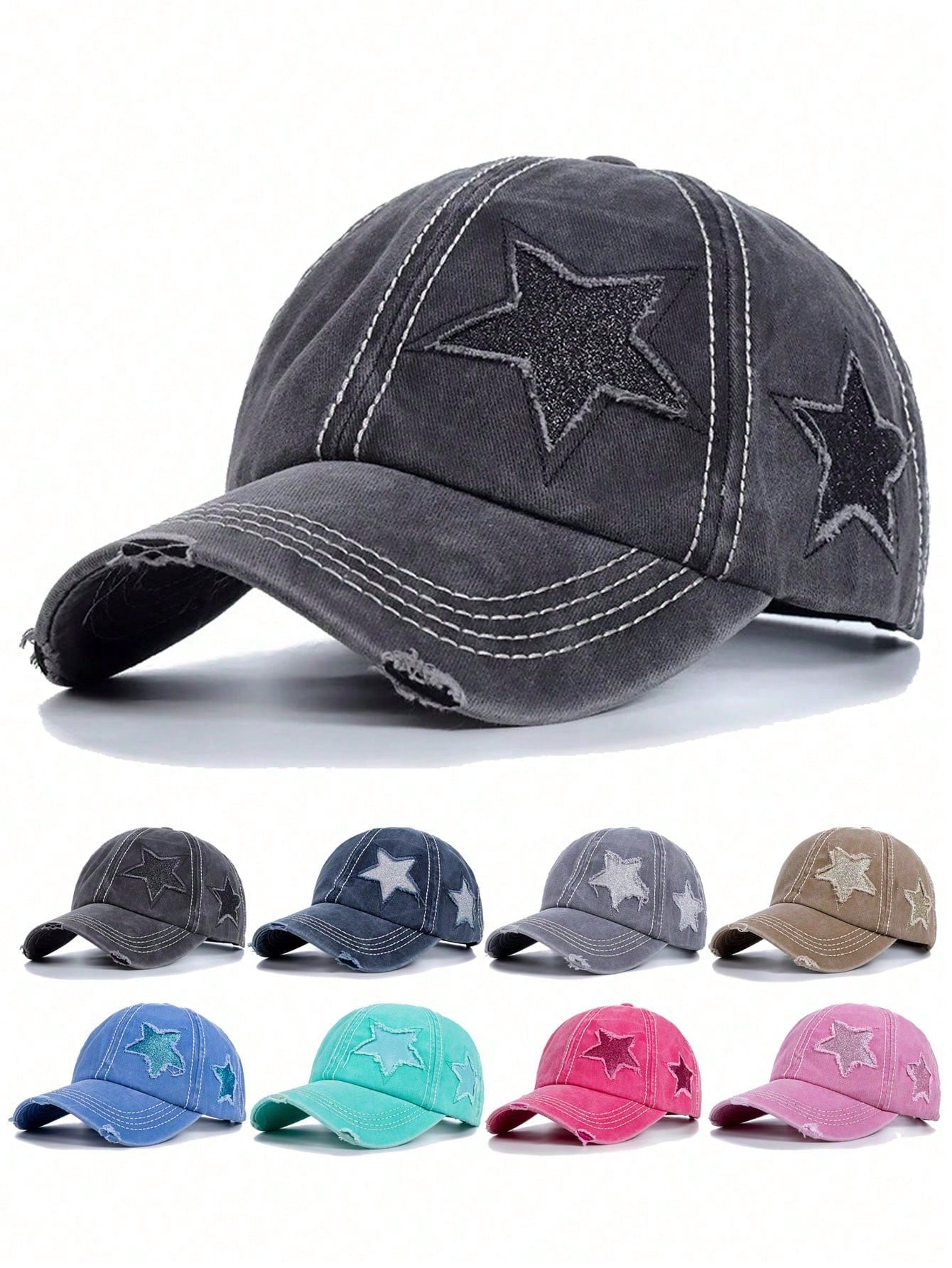 Vintage Women's Washed Distressed Five-Point Star Baseball Cap, Sun Protection Duck Bill Hat, Ponytail Hole Design For Easy Hair Styling, Bright Pink Star Patchwork Y2K Sweet Cool Girl Style. Soft Top