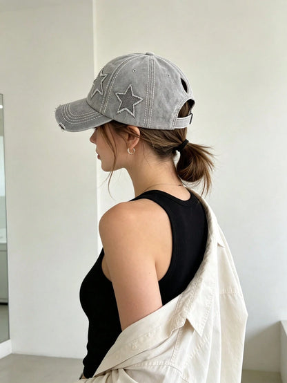 Vintage Women's Washed Distressed Five-Point Star Baseball Cap, Sun Protection Duck Bill Hat, Ponytail Hole Design For Easy Hair Styling, Bright Pink Star Patchwork Y2K Sweet Cool Girl Style. Soft Top