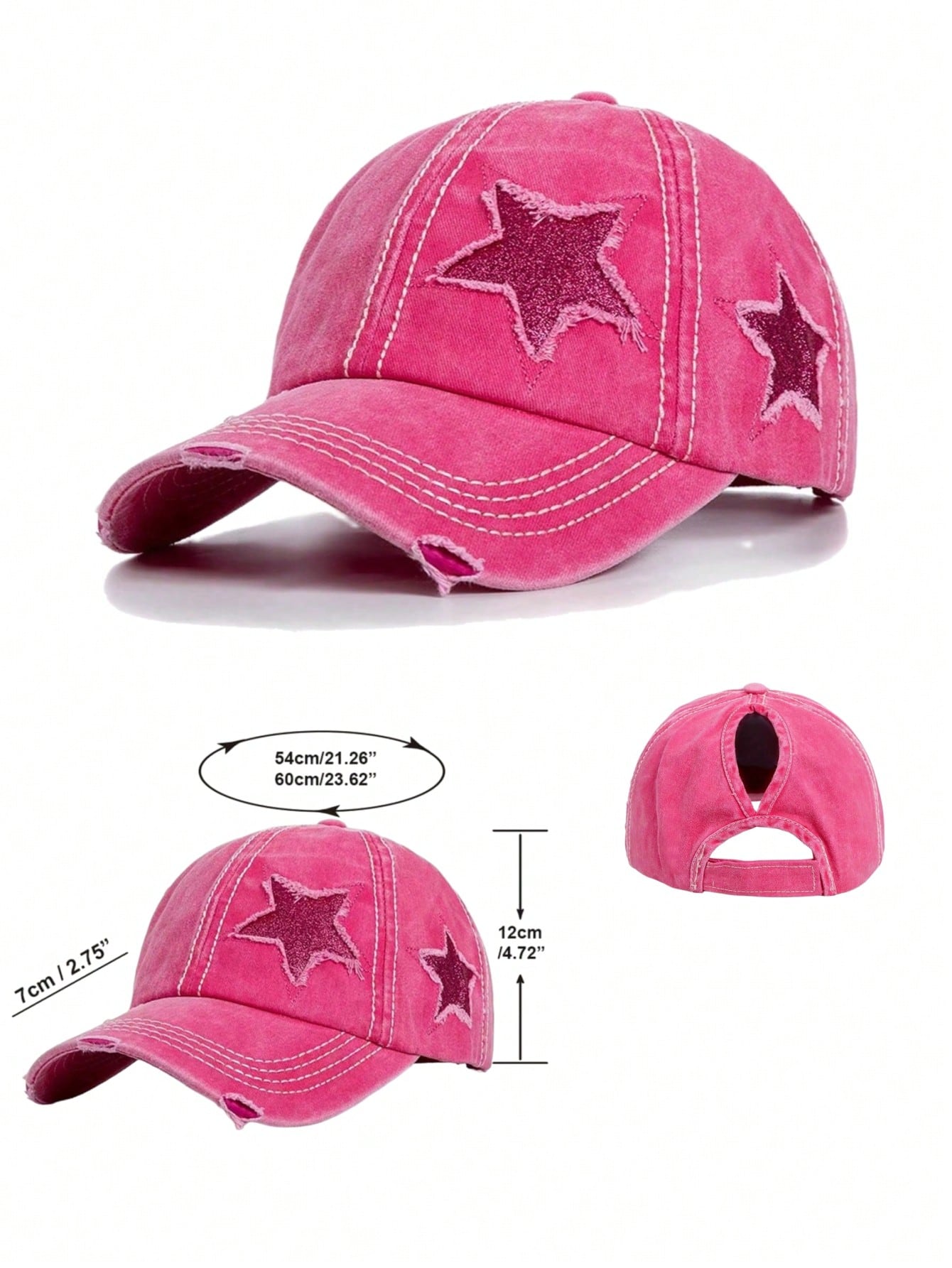 Vintage Women's Washed Distressed Five-Point Star Baseball Cap, Sun Protection Duck Bill Hat, Ponytail Hole Design For Easy Hair Styling, Bright Pink Star Patchwork Y2K Sweet Cool Girl Style. Soft Top