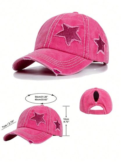 Vintage Women's Washed Distressed Five-Point Star Baseball Cap, Sun Protection Duck Bill Hat, Ponytail Hole Design For Easy Hair Styling, Bright Pink Star Patchwork Y2K Sweet Cool Girl Style. Soft Top