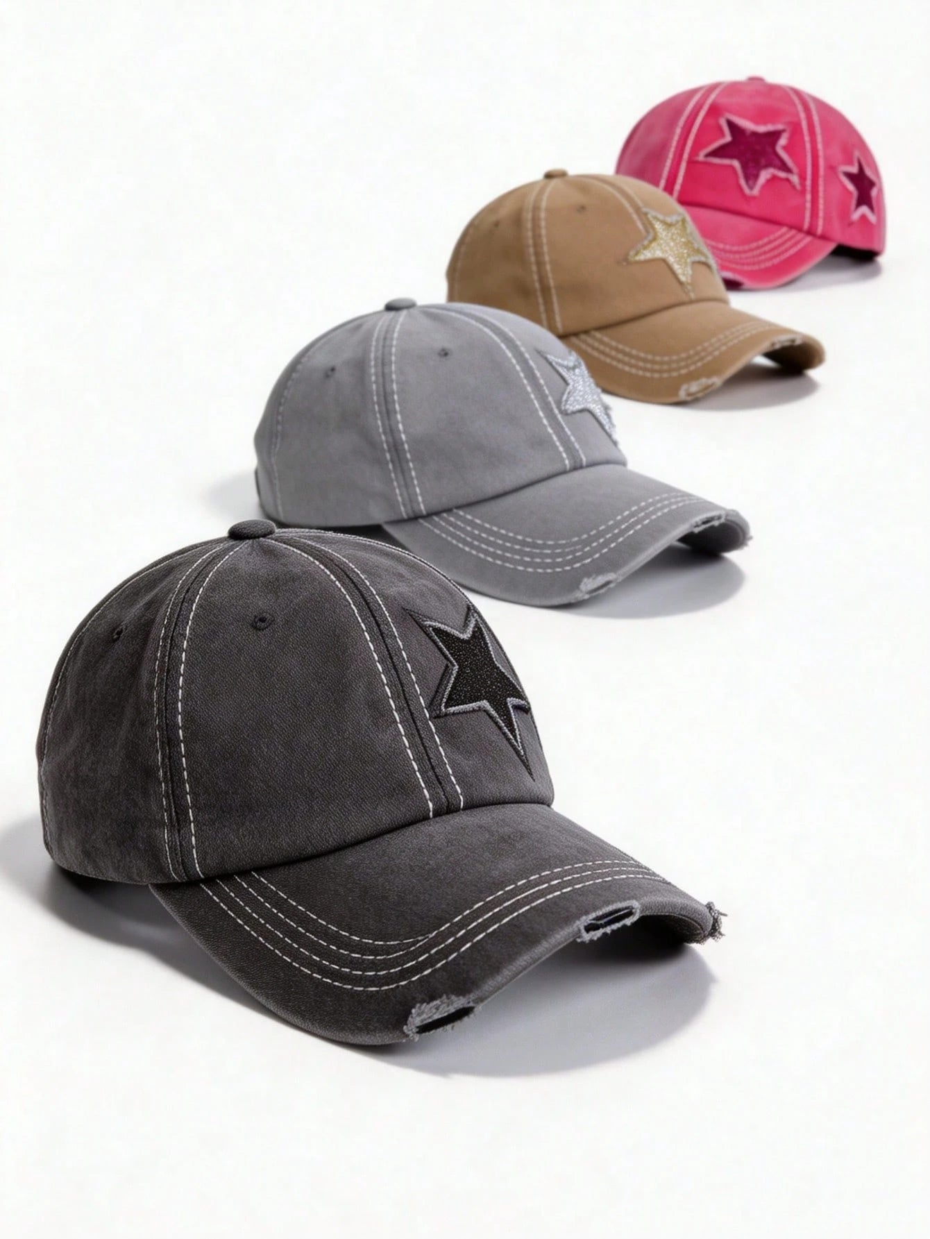 Vintage Women's Washed Distressed Five-Point Star Baseball Cap, Sun Protection Duck Bill Hat, Ponytail Hole Design For Easy Hair Styling, Bright Pink Star Patchwork Y2K Sweet Cool Girl Style. Soft Top