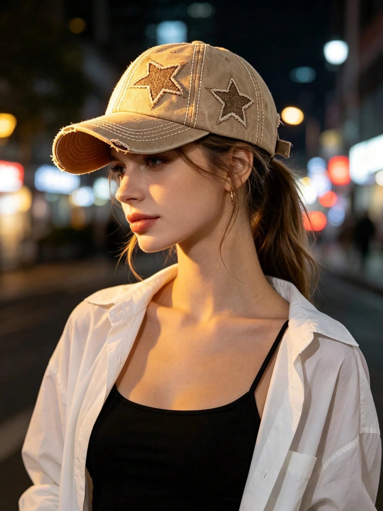 Vintage Women's Washed Distressed Five-Point Star Baseball Cap, Sun Protection Duck Bill Hat, Ponytail Hole Design For Easy Hair Styling, Bright Pink Star Patchwork Y2K Sweet Cool Girl Style. Soft Top
