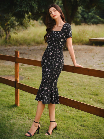 Vintamour Elegant Women's Black And White Ditsy Floral Dress,Vintage Bodycon Ruffle Hem Long Dress,Summer Casual Brunch Holiday Party Beach Vacation Outfits