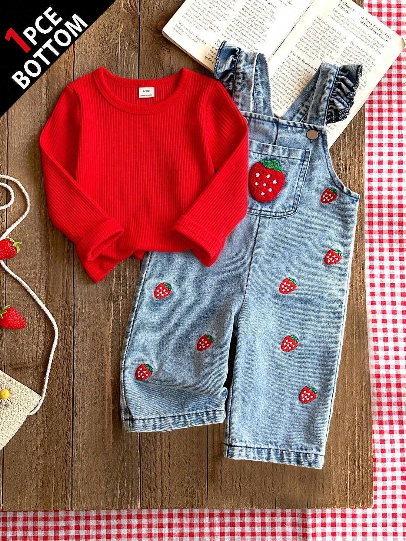 Vintaside Kids 1pc Baby Girl Blue Denim Casual Cute Embroidered Floral Strap Denim Jumpsuit, Suitable For Outings And Parties