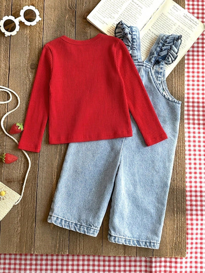 Vintaside Kids 1pc Baby Girl Blue Denim Casual Cute Embroidered Floral Strap Denim Jumpsuit, Suitable For Outings And Parties