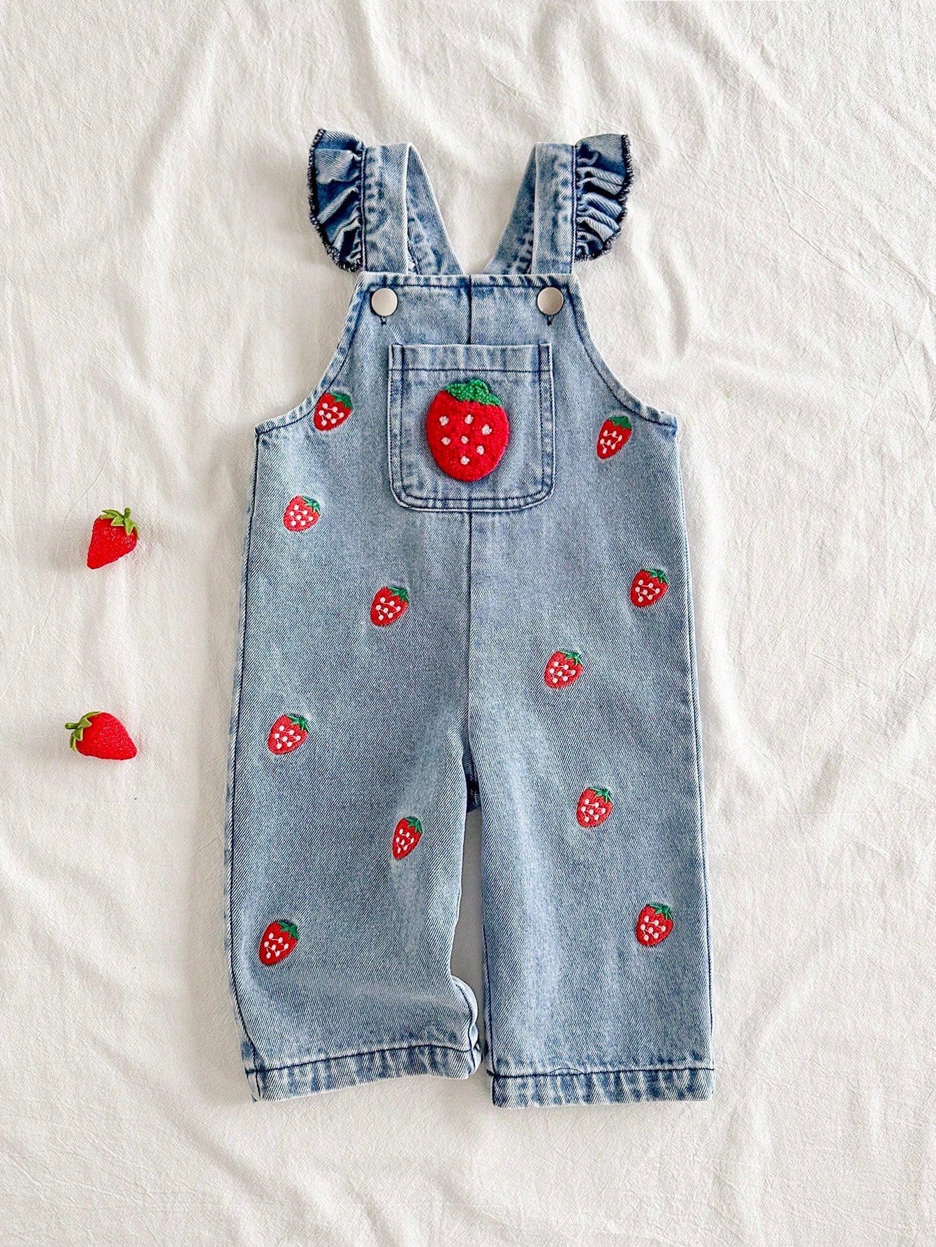 Vintaside Kids 1pc Baby Girl Blue Denim Casual Cute Embroidered Floral Strap Denim Jumpsuit, Suitable For Outings And Parties