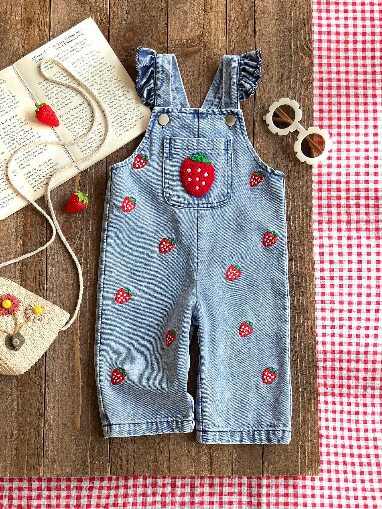 Vintaside Kids 1pc Baby Girl Blue Denim Casual Cute Embroidered Floral Strap Denim Jumpsuit, Suitable For Outings And Parties